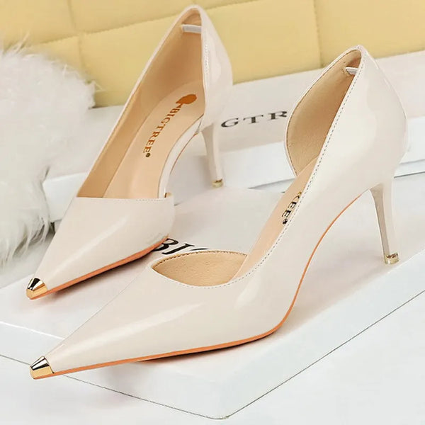 Patent Leather Shoes Women Pumps Metal Tip High Heels 7 Cm And 10.5 Cm