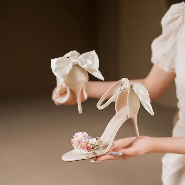 Summer Fashion  Open Toe Satin Flower Bow Buckle High Heel Sandals
