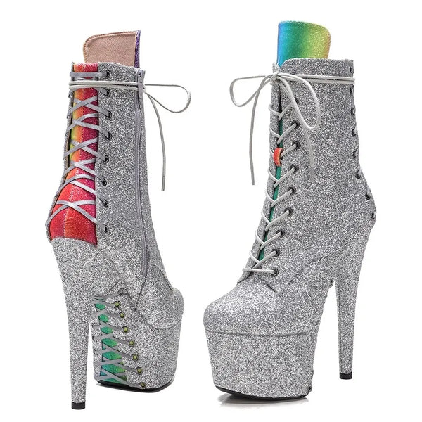Botas modernas de tacón alto para fiesta con plataforma de 17 cm/7 pulgadas y parte superior de PU plateada para mujer