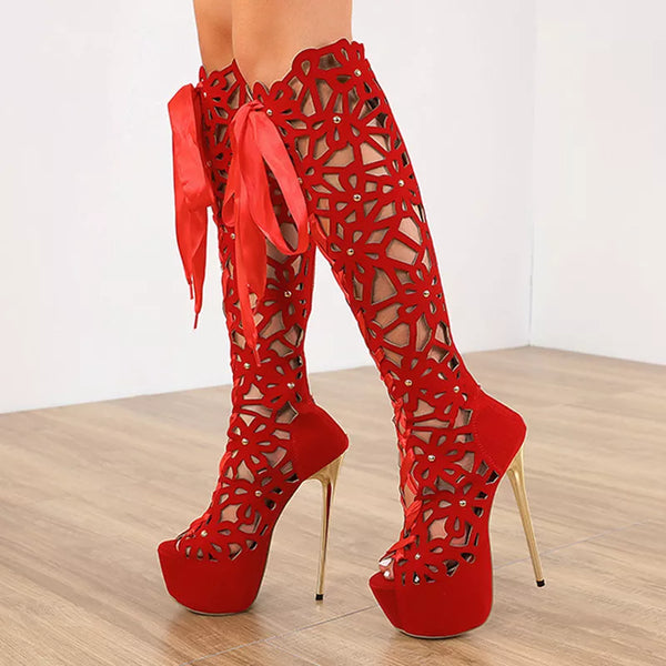 Summer Roma Style Hollow Out Cross Lace-Up Platform Knee-High Boots