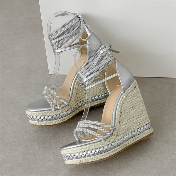 Sandalias de gladiador con plataforma sólida y cuñas para mujer, tacones altos con cordones hasta el tobillo para verano
