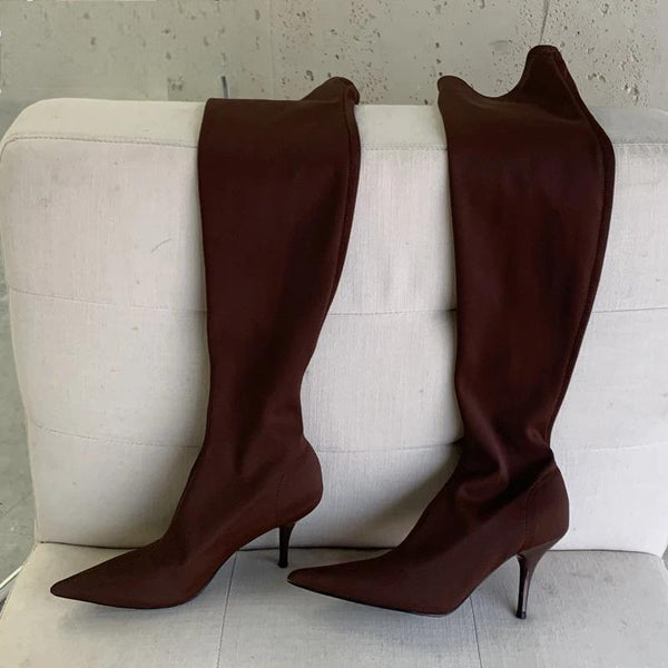 Thigh High Boots Over The Knee Elastic Stretch Boots Women Sexy Pointed Toe Low Heels