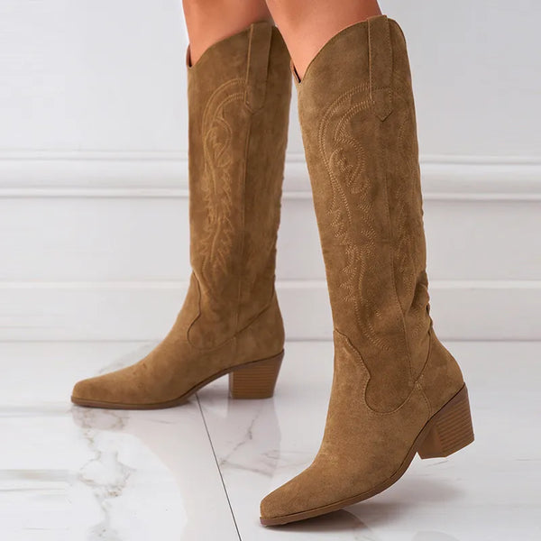Western Style Cowboy Boots For Women Fashion Embroidered Pointed Toe Low Hoof Heels