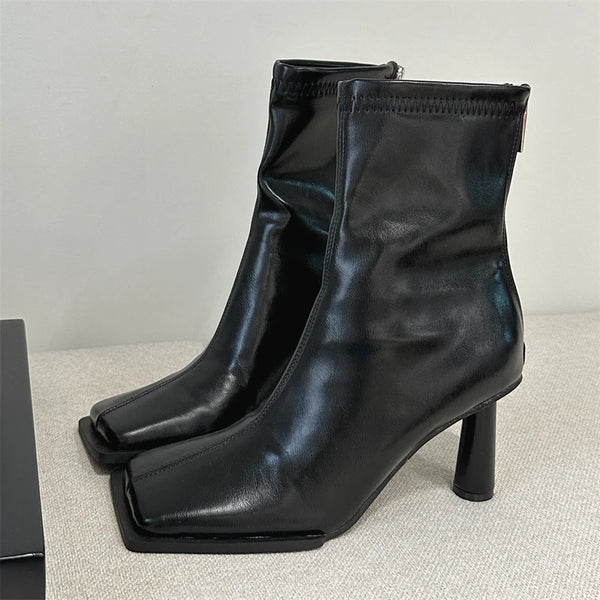 Autumn Cozy Soft PU Leather Ankle Boots Women Elegant Square Toe Stiletto Heels