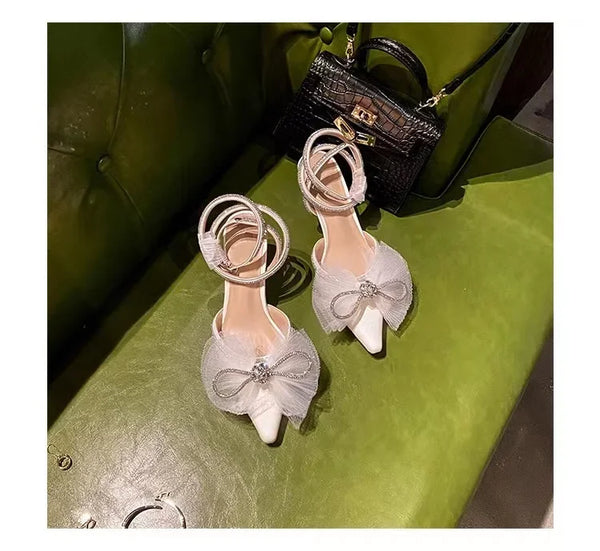 Lace bow cross strap rhinestone sandals for women in summer