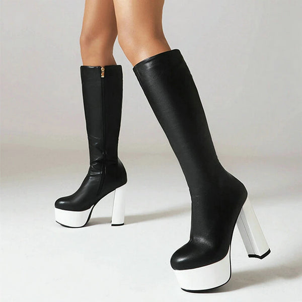 Women Knee High Boots Plus Size  Platform Square High Heel Ladies Calf Boots Denim Round Toe Side Zipper Women's Boots