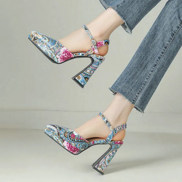 Summer Women High Heel Shoes Platform Square High Heel Ladies Sandals  Toe Buckle Party Women Shoes