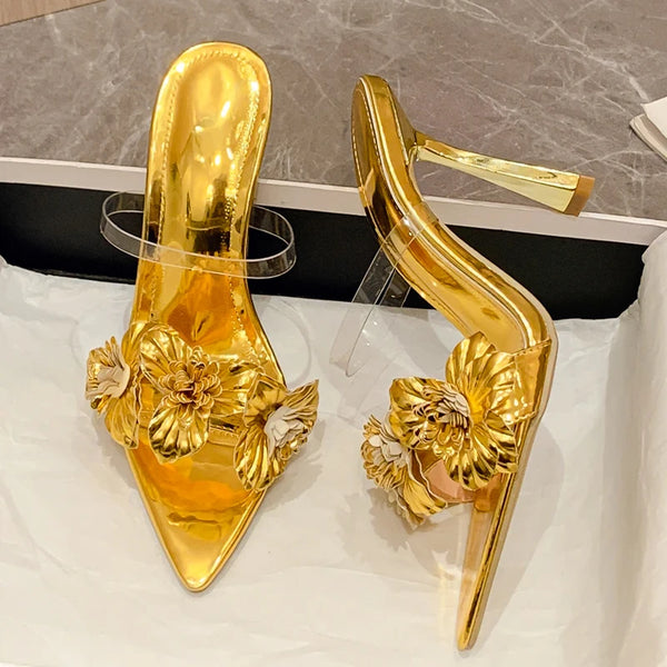 Zapatillas de verano de PVC transparente con flores, sexys, puntiagudas y tacones finos.