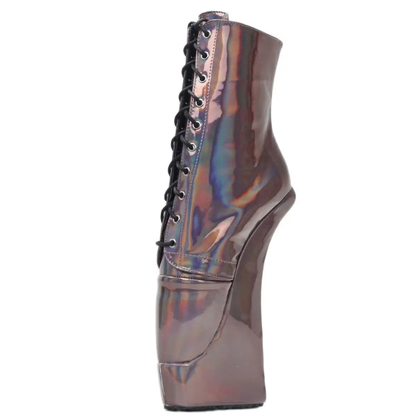 7" High Ballet Heel Boots Platform Cross-tied Holographic Sexy Extoic Ankle Boots