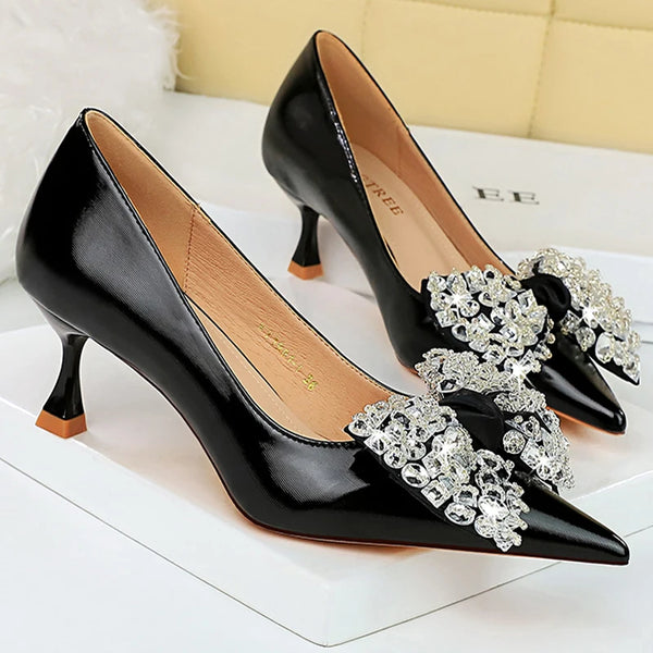 Women 5.5 Cm Heels Rhinestone Bowknot Kitten Heels Women Pumps Luxury Party Shoes