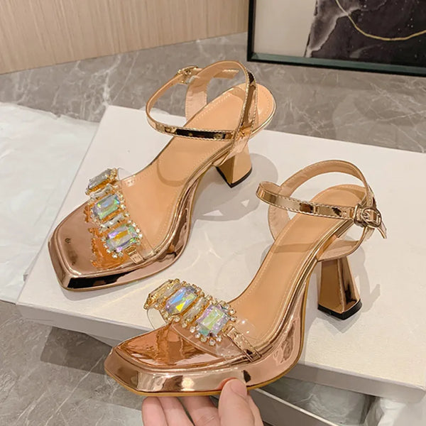 Sandalias de cadena de diamantes de cristal de alta calidad para mujer de verano