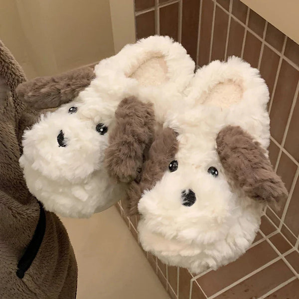 Pantuflas de felpa cortas con diseño de perro para mujer