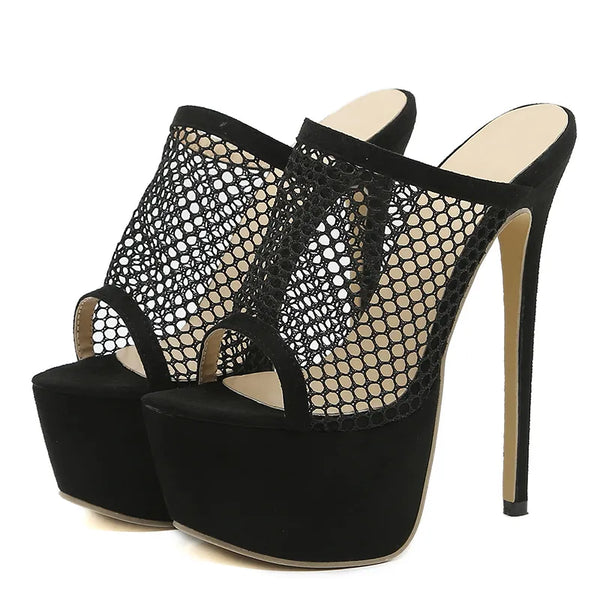 New Peep Toe Platform Heels Black Mesh Slippers Summer Sandals