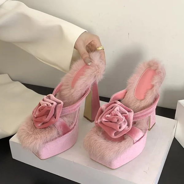 Sexy Chunky Platform Slippers For Women Fashion Corduroy Flowers Open Toe High Heels Sandals