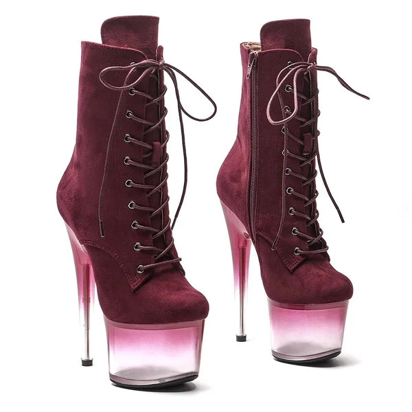 Botas modernas de tacón alto con plataforma para fiesta, de 17 cm/7 pulgadas, con parte superior de gamuza