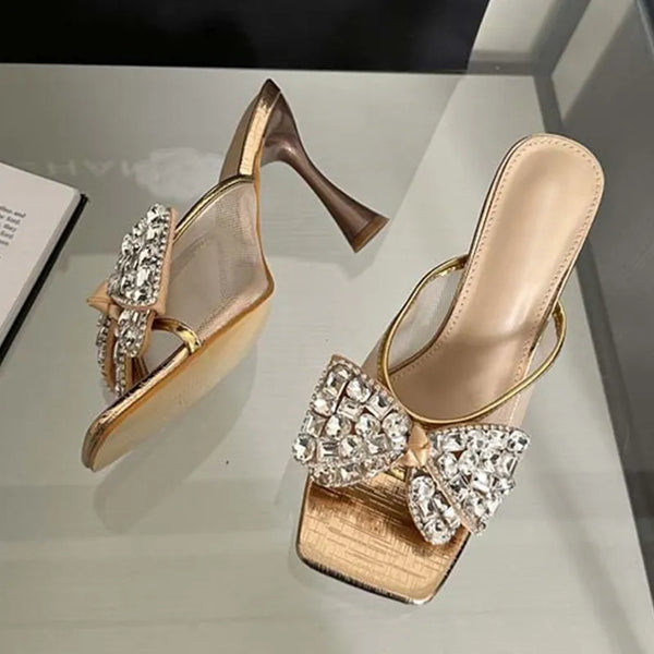 Thin High Heels Slippers Sexy Street Woman Square Toe Crystal Bowknot Designer Sandals