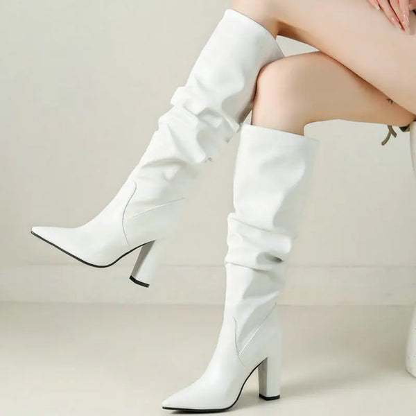 White Black Brown Women Knee Boots Pointed Toe Square High Heel Ladies Calf Boots
