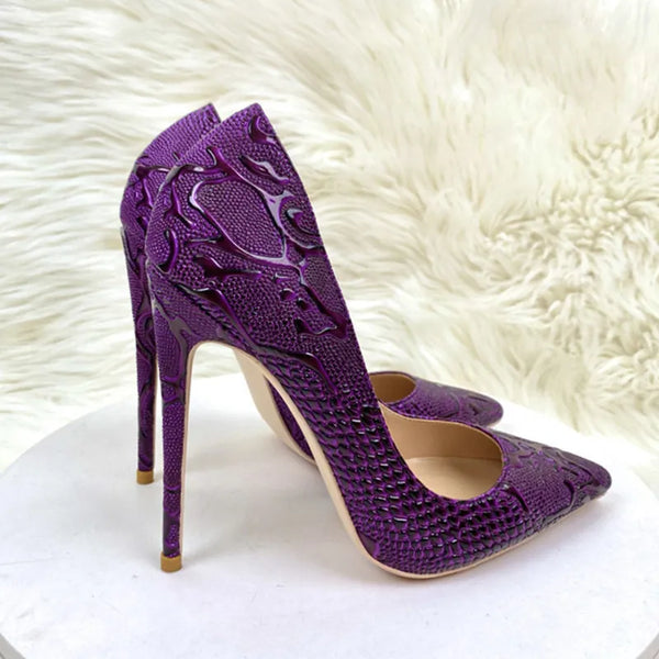 Luxury purple women high heeled shoes shallow mouth pointed toe slip on unique shoes