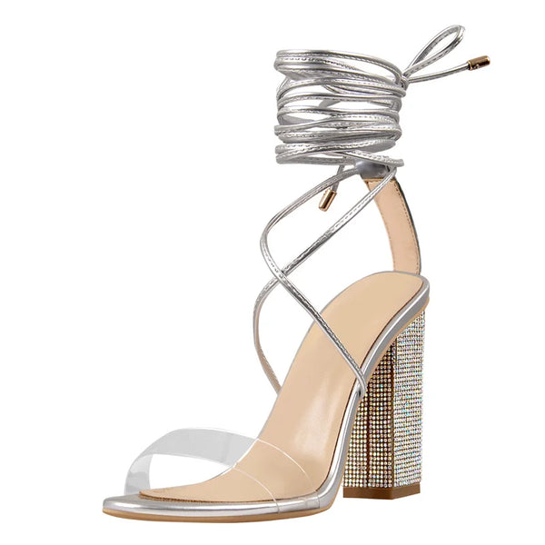 Women Rhinestone Sandals 10CM Heels Gladiator Ankle Strap Clear Lace up Chunky High Heel