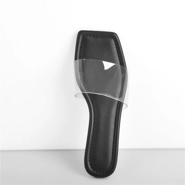 Sandalias planas de verano para mujer, con banda transparente, negras, talla grande