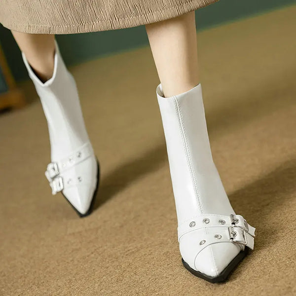 White Women Ankle Boots Pointed Toe Square Heel Ladies Short Boots PU Leather Buckle Zipper Fashion Women Shoes