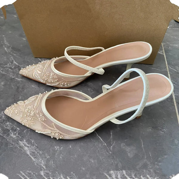 Women's Mesh Floral Embroidered Slingback High Heels