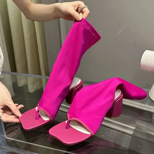 Fashion Clip Toe Stretch Fabric Socks Boots  Sexy Cut-Out Middle Square Heels