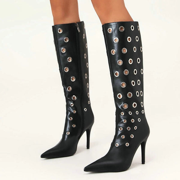 Women Knee High Boots Pointed Toe Thin High Heel Ladies Calf Boots