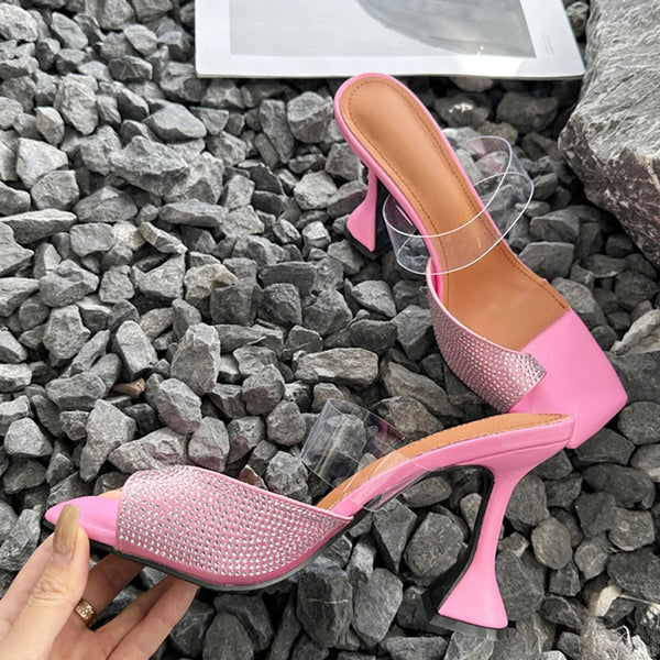 Summer Open Toe Mules High Heels Slippers Female Crystal Rhinestone Sandals