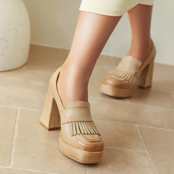 New Pumps Spring Slip on Tassel Block High Heels