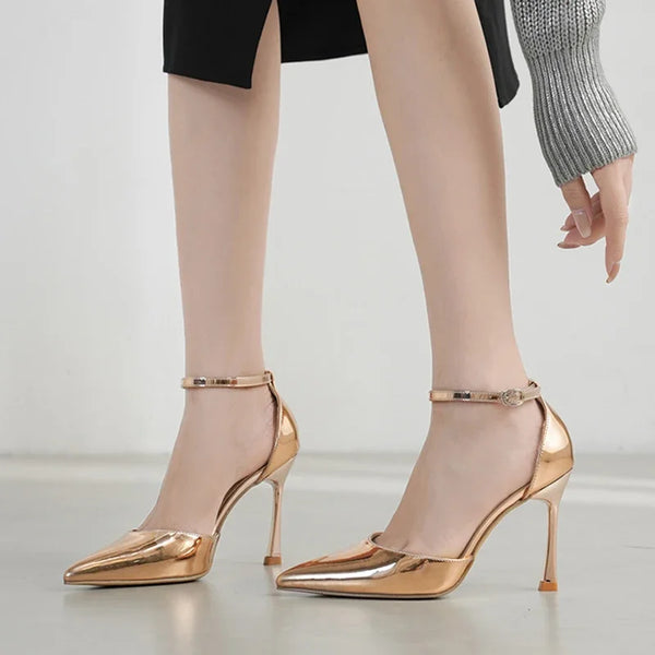 Street Style Sexy Patent Leather Pointed Toe Women Pumps Elegant Buckle Strap Thin High Heels