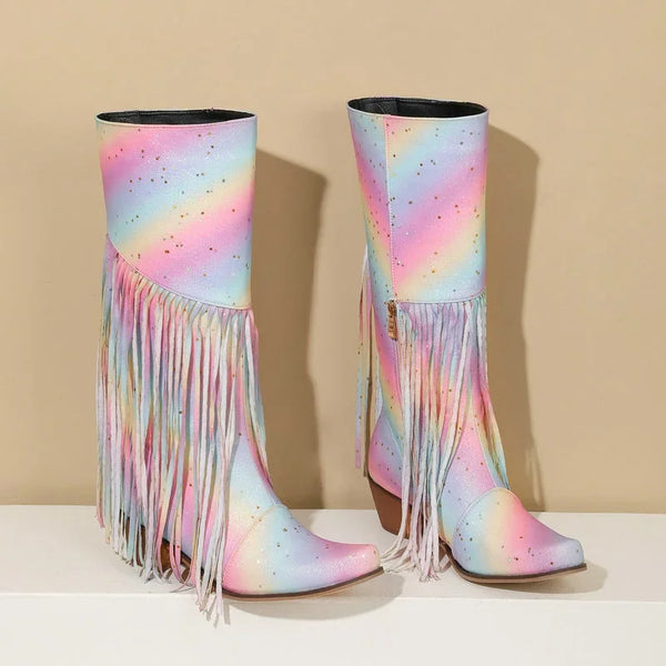 Women Knee High Boots PU Leather Mixed Color Round Toe Ladies Calf Boots