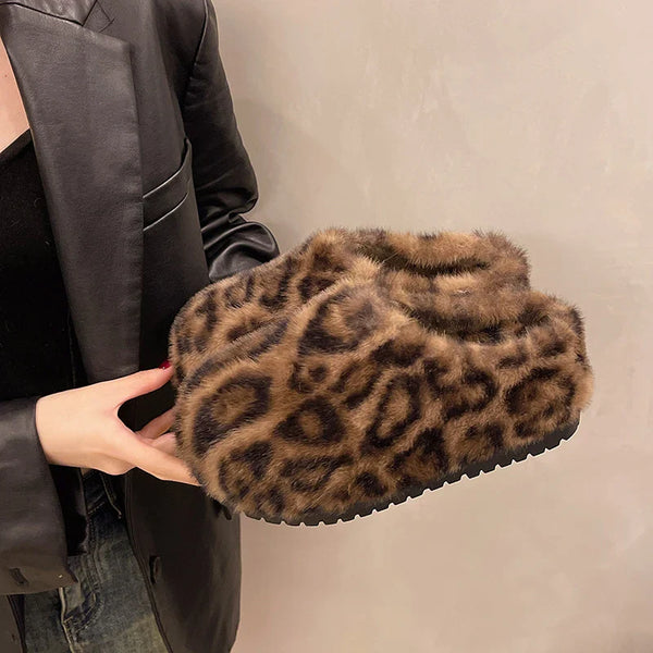 New Baotou  Round Head Deep Mouth Leopard Suede Thick Bottom Slippers