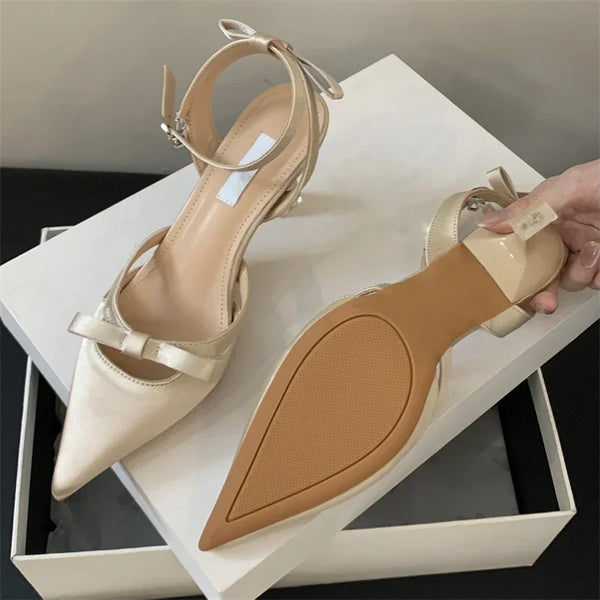 Spring Fashion Satin Ankle Buckle Strap Women Pumps Pointed Toe Thin Low Heels