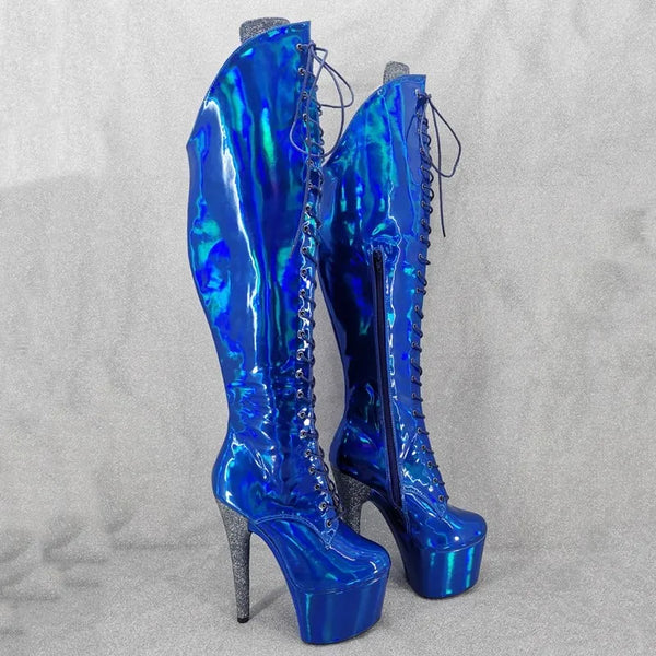 Botas largas de tacón alto con plataforma para fiesta de 17 cm/7 pulgadas para mujer