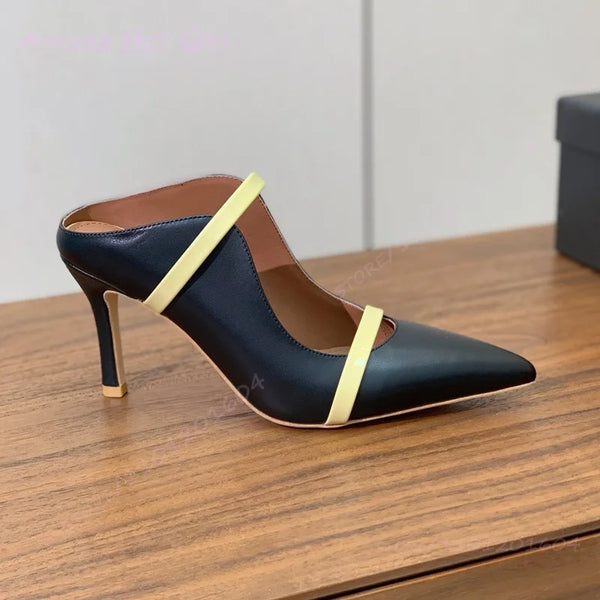 Leather Crescent Side Hollow Stiletto Sandals Women Pointed Flat Slipper Mixed
