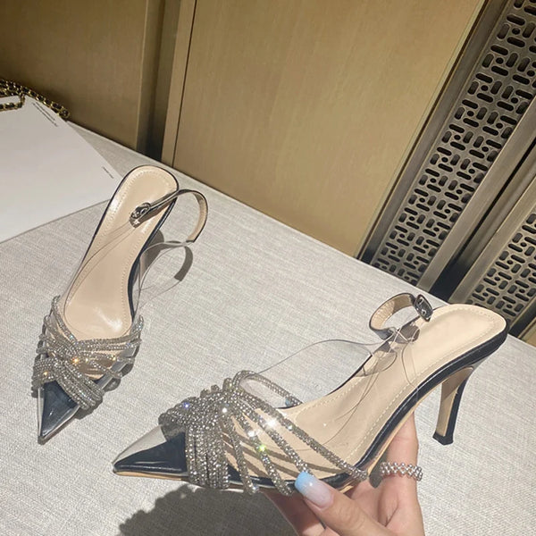 Sexy Pointed Toe Glitter Rhinestones Women Pumps Slingbacks Gladiator Sandals