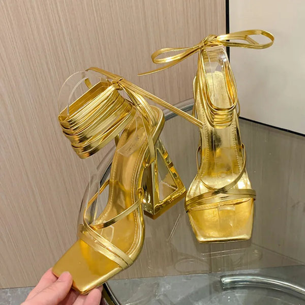 New Style Summer  Chic Triangle Thick Heels Gladiator Sandals Women