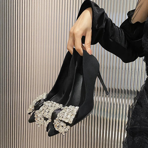 Spring new black rhinestone bow high heels for women