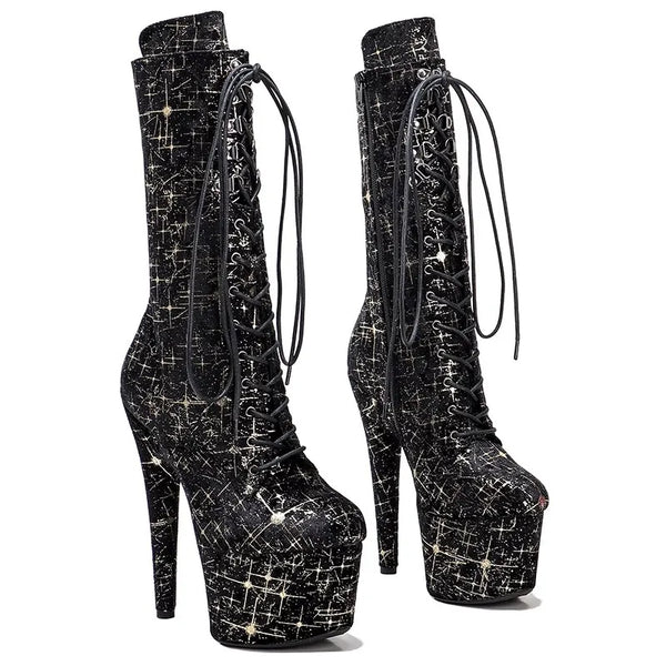 Botas modernas de tacón alto con plataforma para mujer, parte superior de PU negra, 17 cm/7 pulgadas, para fiesta