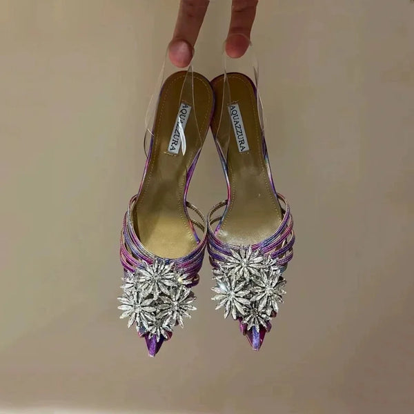 Sharp pointed straight cut Roman sandals with rhinestone flower for women