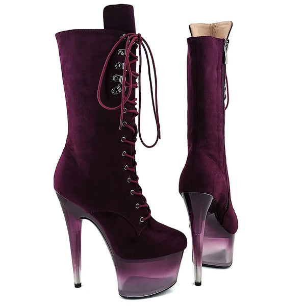 Botas modernas de tacón alto con plataforma para mujer, parte superior de PU, 17 cm/7 pulgadas, para fiesta