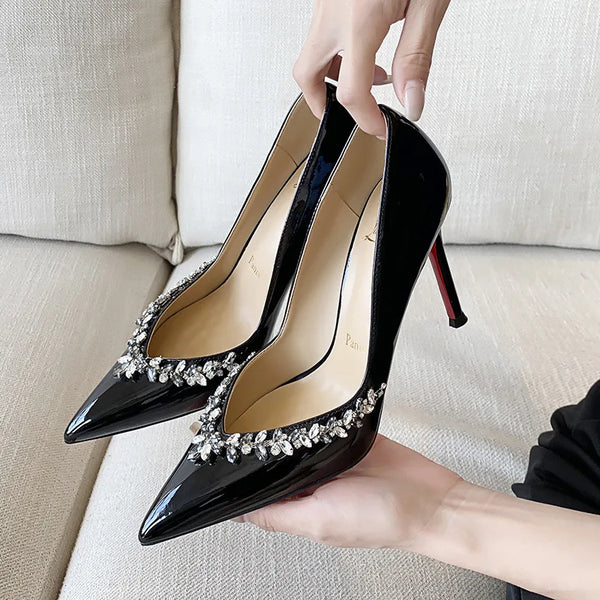 new V-neck chain rhinestone fine heel pointed temperament red bottom high heels