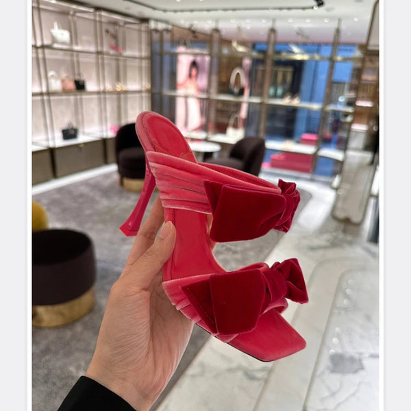 Bow Candy Pink Velvet Sandals