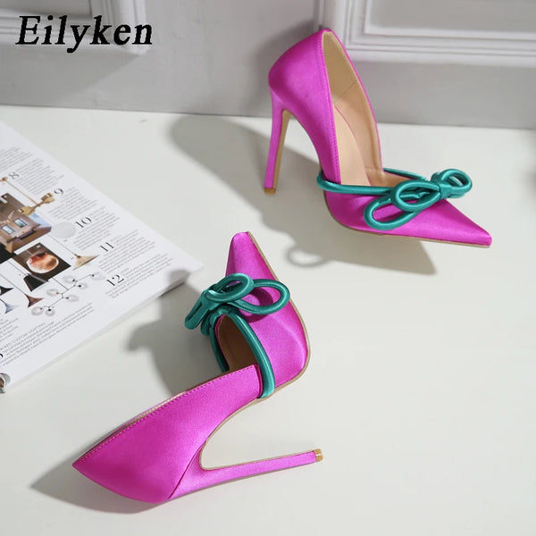 New Shoes Pumps Women Fashion Silk Butterfly Knot Sexy Pointed Toe Stripper Heels