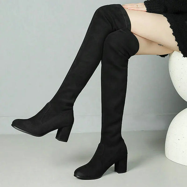 Over the Knee Boots Square Heel Round Toe Ladies Long Boots Flock Slip on Autumn Fashion Dress Women's Boots Big Size