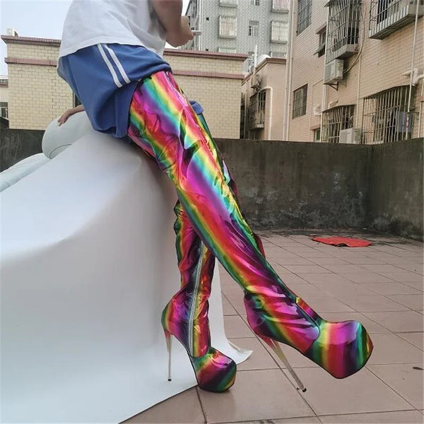 Botas largas con plataforma y tacón fino de 20 cm para mujer