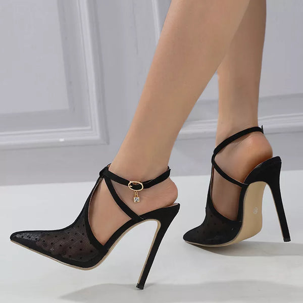 Sandalias de tacón alto de aguja con punta puntiaguda de malla negra de moda