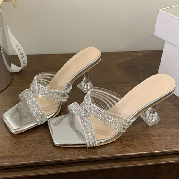 Summer Sexy PVC Transparent Open Toe Crystal Narrow Band Slippers Women Banquet Low Heels