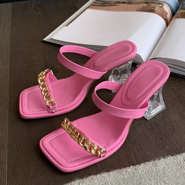 Transparent Chunky Heels Mules Slippers Ladies Fashion Metal Chain Design Pink Sandals